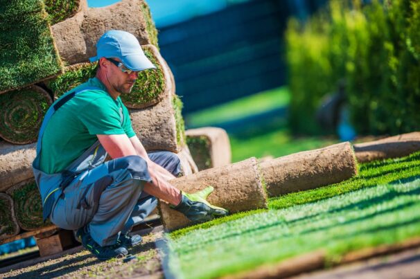 New Turf Grass Installation by Professional Gardener. Rolls of Grass on the Backyard.
